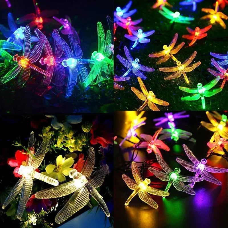 Solar Dragonfly String Lights Outdoor Fairy Lights with 8 Lighting Modes Waterproof Garland Festoon Garden Landscape  Decor Lamp