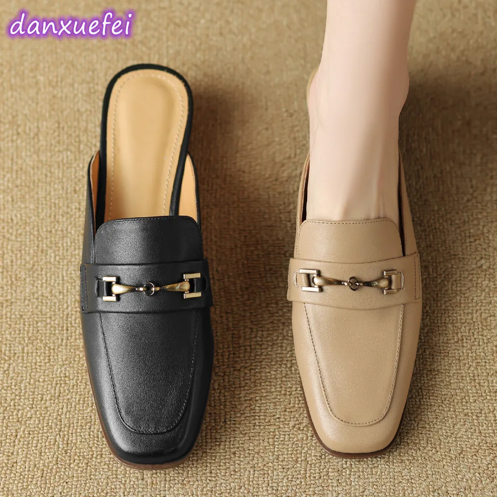 

danxuefei women's genuine leather square toe slip-on flats summer mules metal buckle casual female slides sandals shoes women