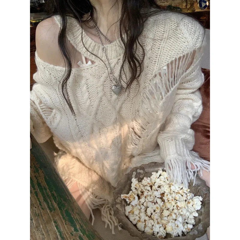 Deeptown Y2k Vintage Beige Knit Sweater Women Grunge Harajuku Irregular Off Shoulder Jerseys Hollow Out Hippie Streetwear Jumper