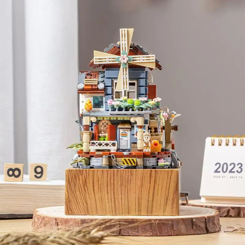 

City Street View Windmill House Mini Block Creative Music Box Assembly Building Bricks Figures Educational Toys For Gifts