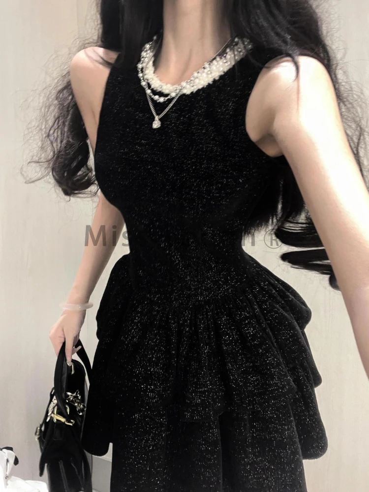 French Black Vintage A-line Dress Women 2024 Summer Sequins Y2k Design Elegant Even Party Dress Female Solid Korea Style Clothes