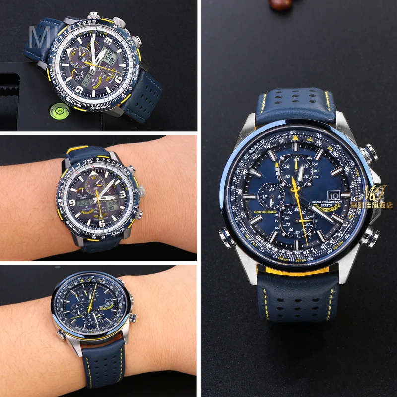 For Citizen Blue Angel At8020-03L At8020-54L Curved Blue Top Layer Cowhide Waterproof Watch Strap 22/23mm