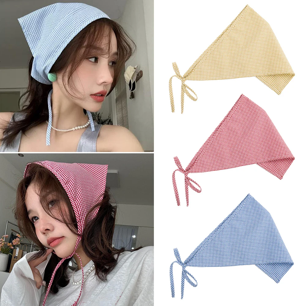 

Korean Cute Lattice Hair Scarf Women Retro Triangle Hair Bands Turban For Women Pastoral Style Headband Travel photo Bandanas