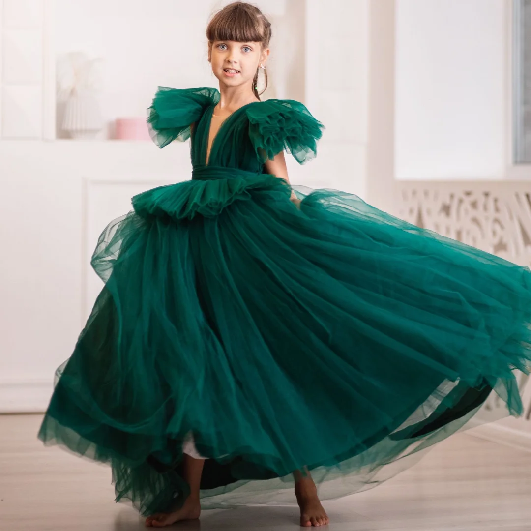 Customized Flower Girl Dress Emerald Green Tulle Puffy Tiered Short Sleeve For Wedding Birthday Party Prom Banquet Princess Gown