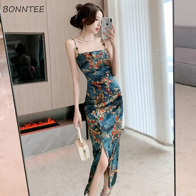 Sleeveless Midi Dresses Women Side-slit Floral Print Chinese Style Vintage Hip Wrap Summer Lady Vestidos Tender Seductive Chic