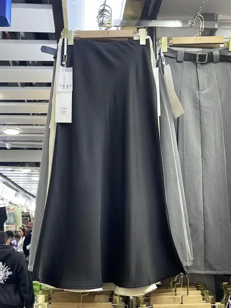 High Waist Satin Silk Long Skirt Korean Fashion Elegant Women‘s Skirts Office Ladies Solid Champagne Fishtail A-line Skirt Women