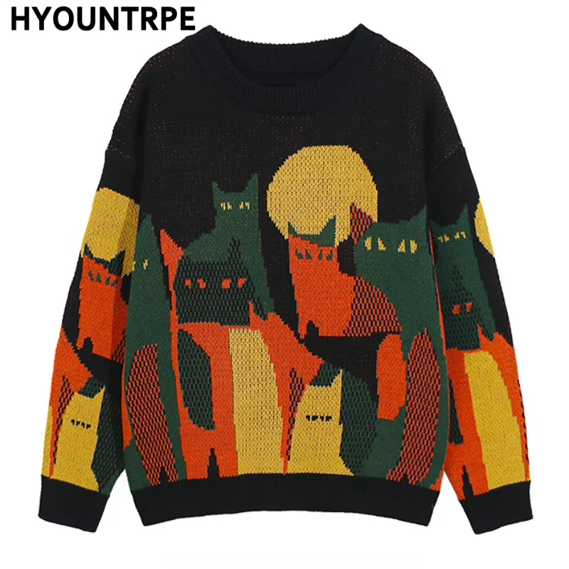 Mens Streetwear Sweater Retro Vintage Cats Pattern Hip Hop Knitted Sweater Pullover 2023 Casual Cotton Sweater Unisex Clothes