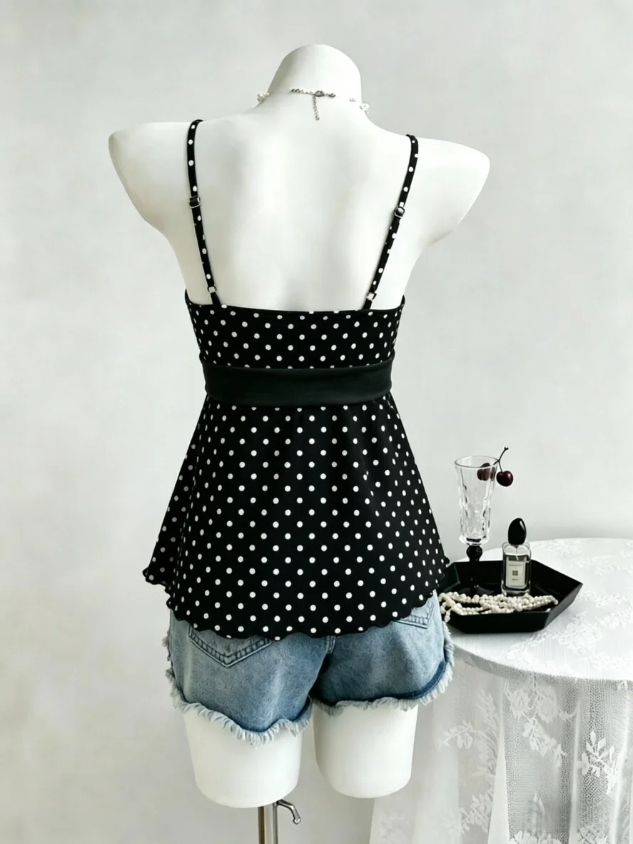 Women Thin Strap Contrast Lapel Wrap Side Tie Waist Polka Dot Scallop Hem Camisole 2026 Summer Y2K Going Out Casual Streetwear T