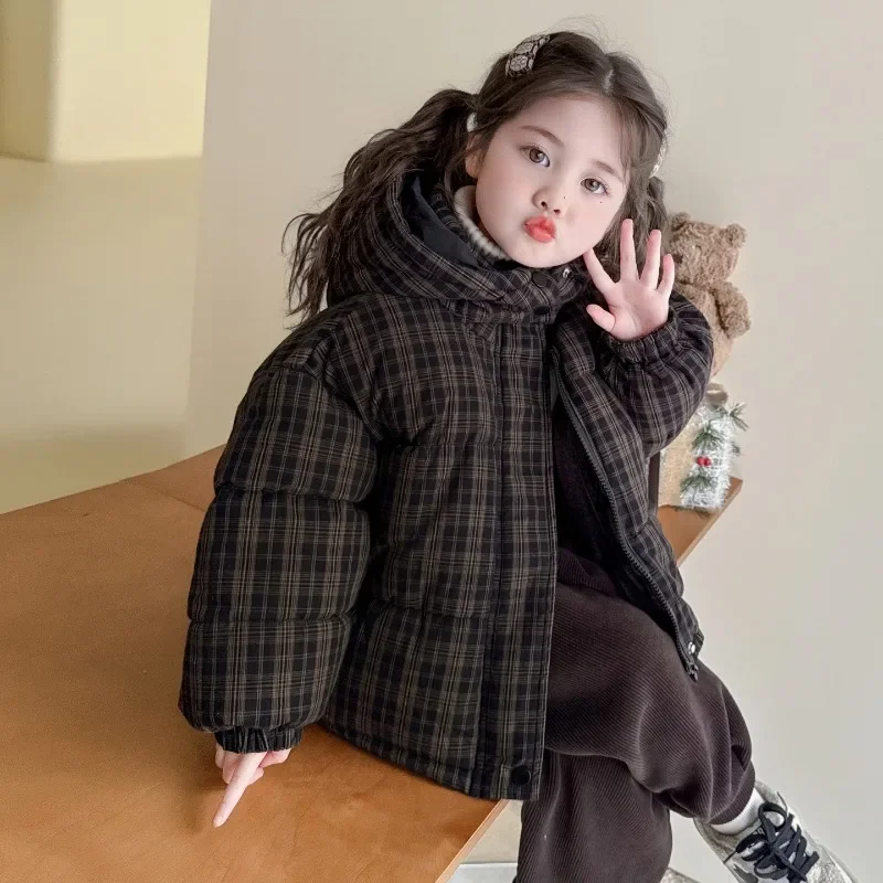 Kids Winter Coat Korean Style Plaid Hooded Padded Parka Thick Warm Jacket for Girls Boys Children Outerwear Hot 2025 New
