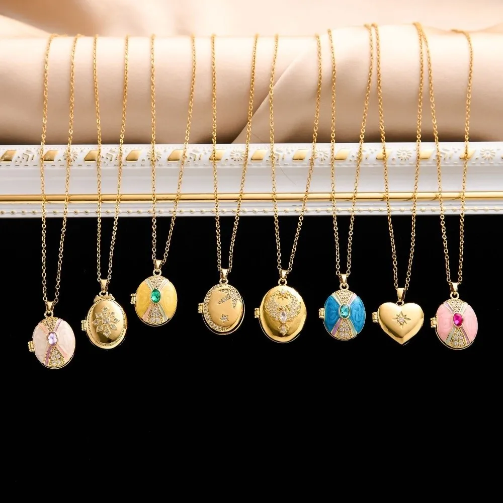 Stainless Steel Photo Frame Necklace Oval Shape Delicate Design Heart Photo Choker Romantic Zircon Accent