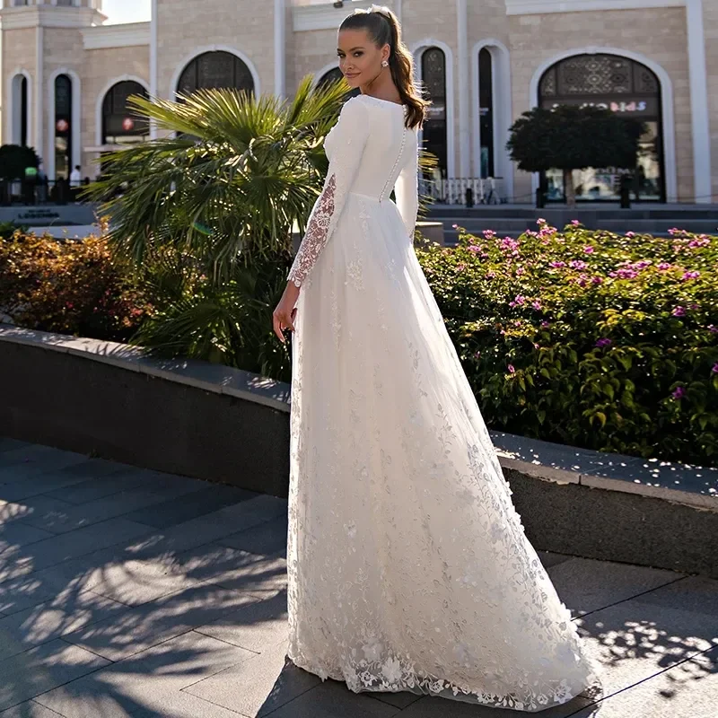 Robe de Mariée Trapèze en Satin à Manches sulfet Col Rond, Tenue Éducative Moderne avec des Appliques en Dentelle et des lèvent, Longueur au Sol