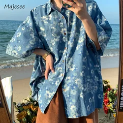 Printing Shirts Men Japanese Style Baggy Half Sleeve Holiday Teenagers Turn-down Collar Slouchy Retro Washed Vintage All-match