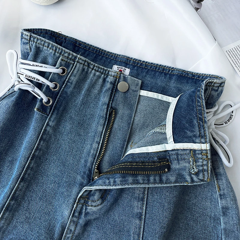 Women's New High Waist Denim Shorts Summer Tie-up Design Strap A-line Wide Leg Pants Loose Slimming Curly Edge Cowboy Pants