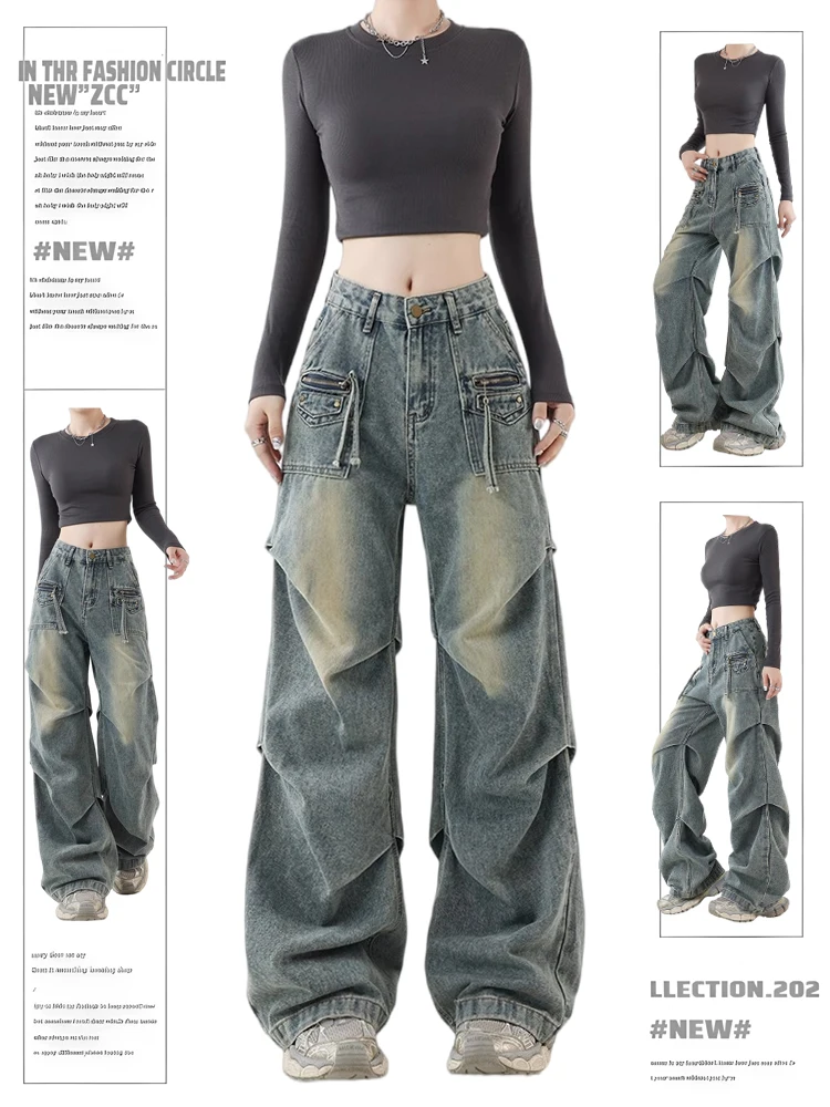 

Джинсы женские в американском стиле, осенне-зимние, новые, свободные, прямые, широкие, с высокой талией, на молнии, синие, длинные брюки