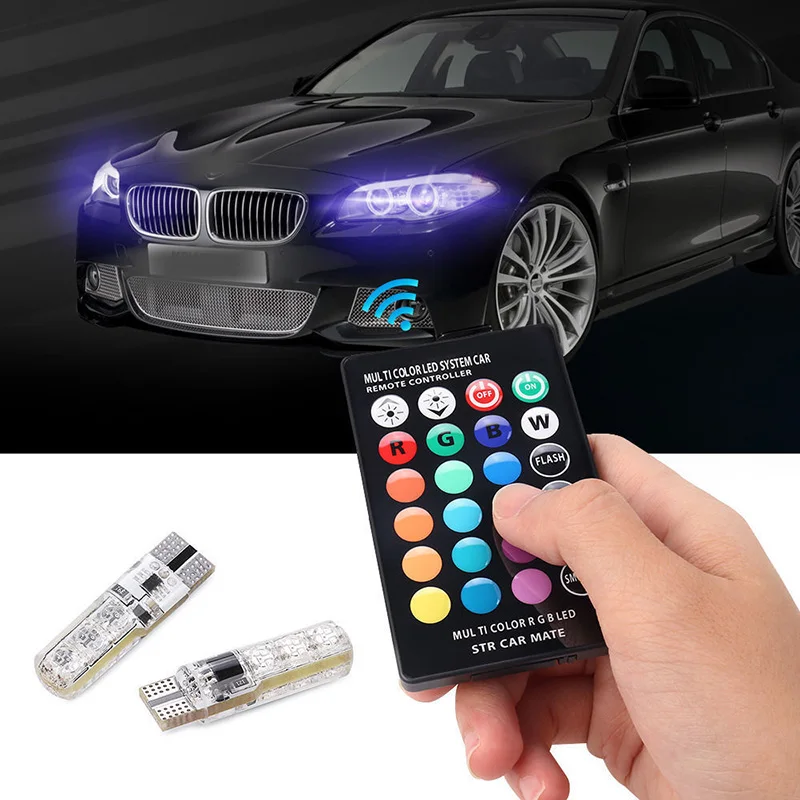 2pcs T10 5050  6SMD RGB Remote Control Led Car Light  Bulb Clearance Lights Multicolor W5w 501 Side Light Lamp Bulbs