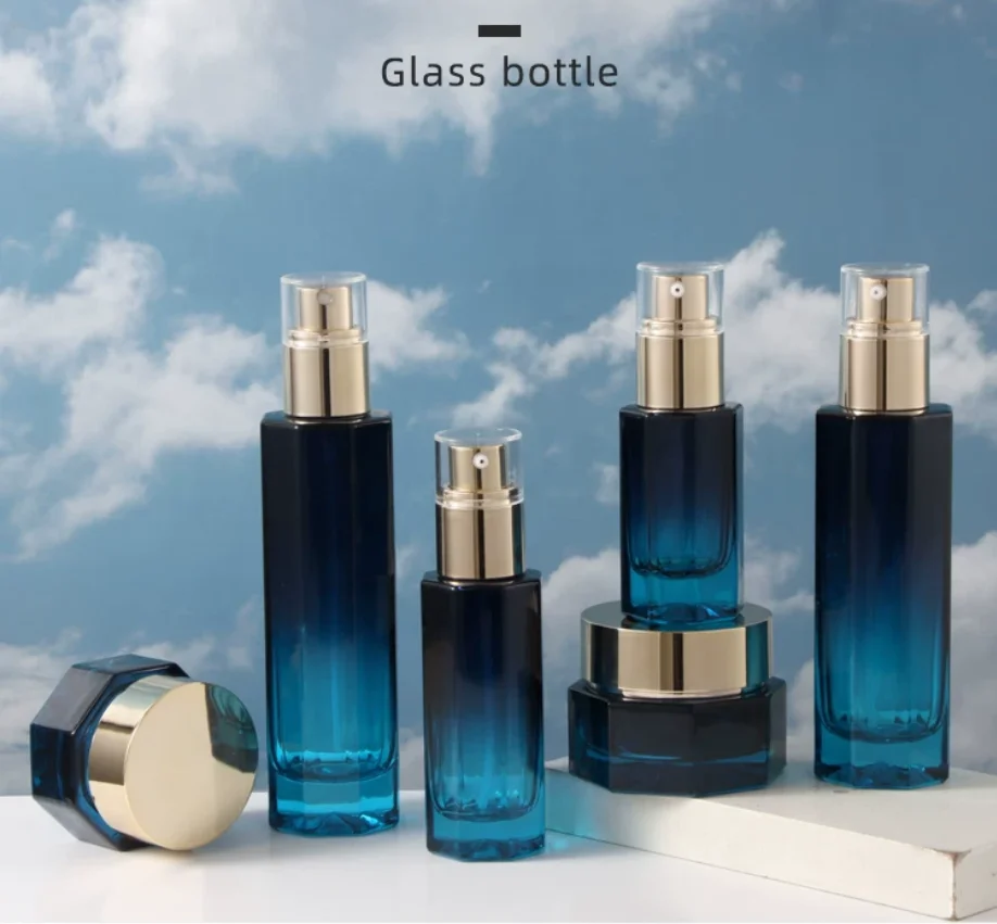 30ml-120ml octagan glass bottle gold pump serum/lotion/emulsion/foundation/essence toilet toner jar pot skin cosmetic packing
