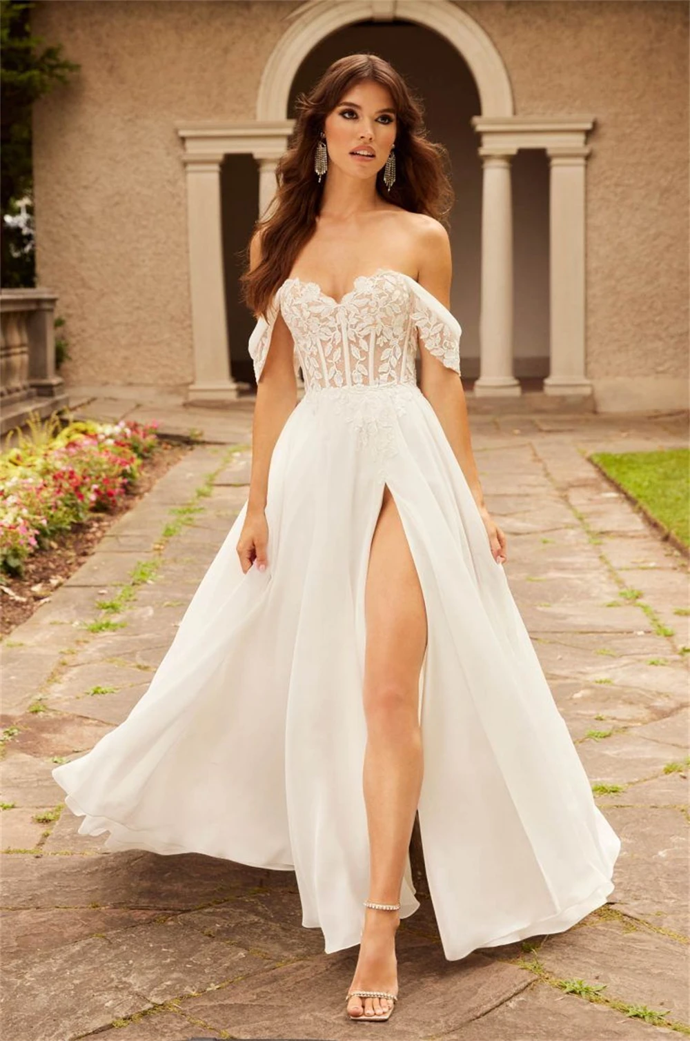 Off-the-shoulder renda Appliques gaun pengantin wanita dengan belahan sisi Tulle korset tipis Formal malam A-line gaun pesta panjang