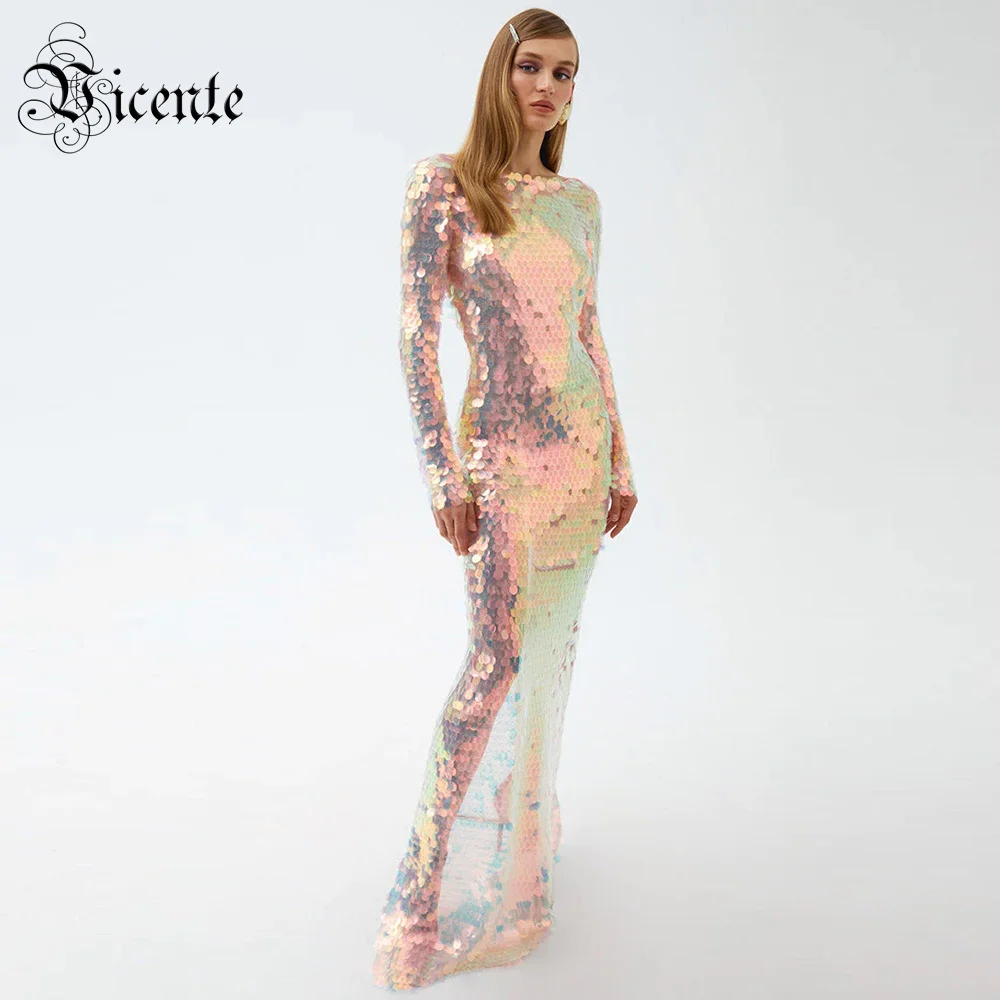 

Women'S Dress Fashion Summer 2024 Sexy Backless Long Sleeves Gowns Sparkling Sequins Stage Performance Female Clothing