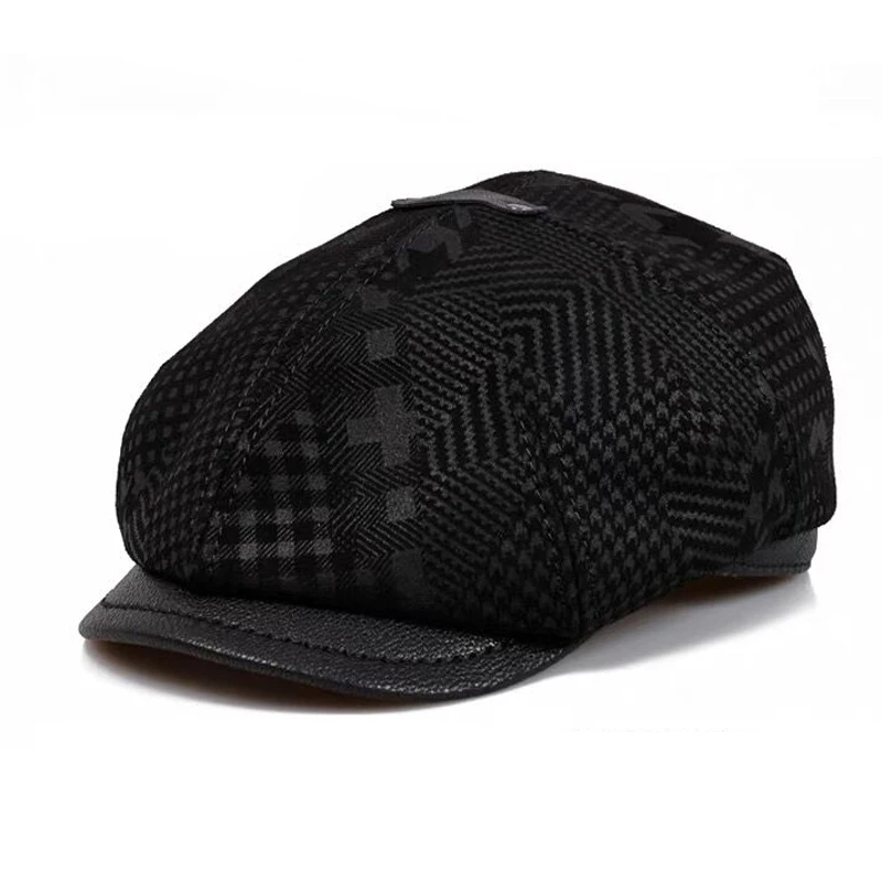 

Caps For Men Boina Outdoor Leather Hat Winter Print Berets Male Warm 100% Genuine Leather Dad Hat Wholesale Leisure