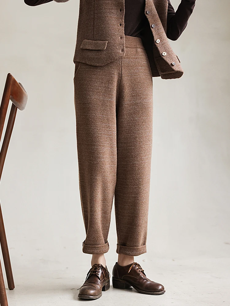 

Брюки женские повседневные из мериносовой шерсти Mallin Original Design, вязаные, с отворотами, с эластичным поясом, утягивающие, с полосатым узором