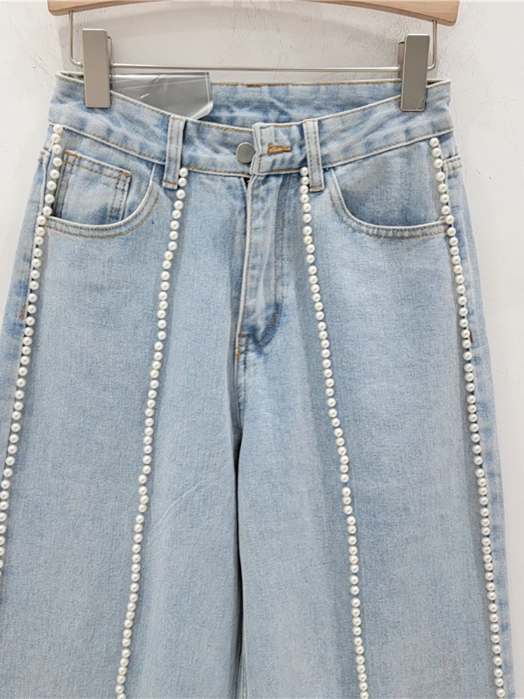 Imagem -04 - Deat-jeans de Perna Larga de Cintura Alta com Pérolas Reto Azul Claro Comprimento Total Calça Jeans Nova Moda Outono 29l7282 2023