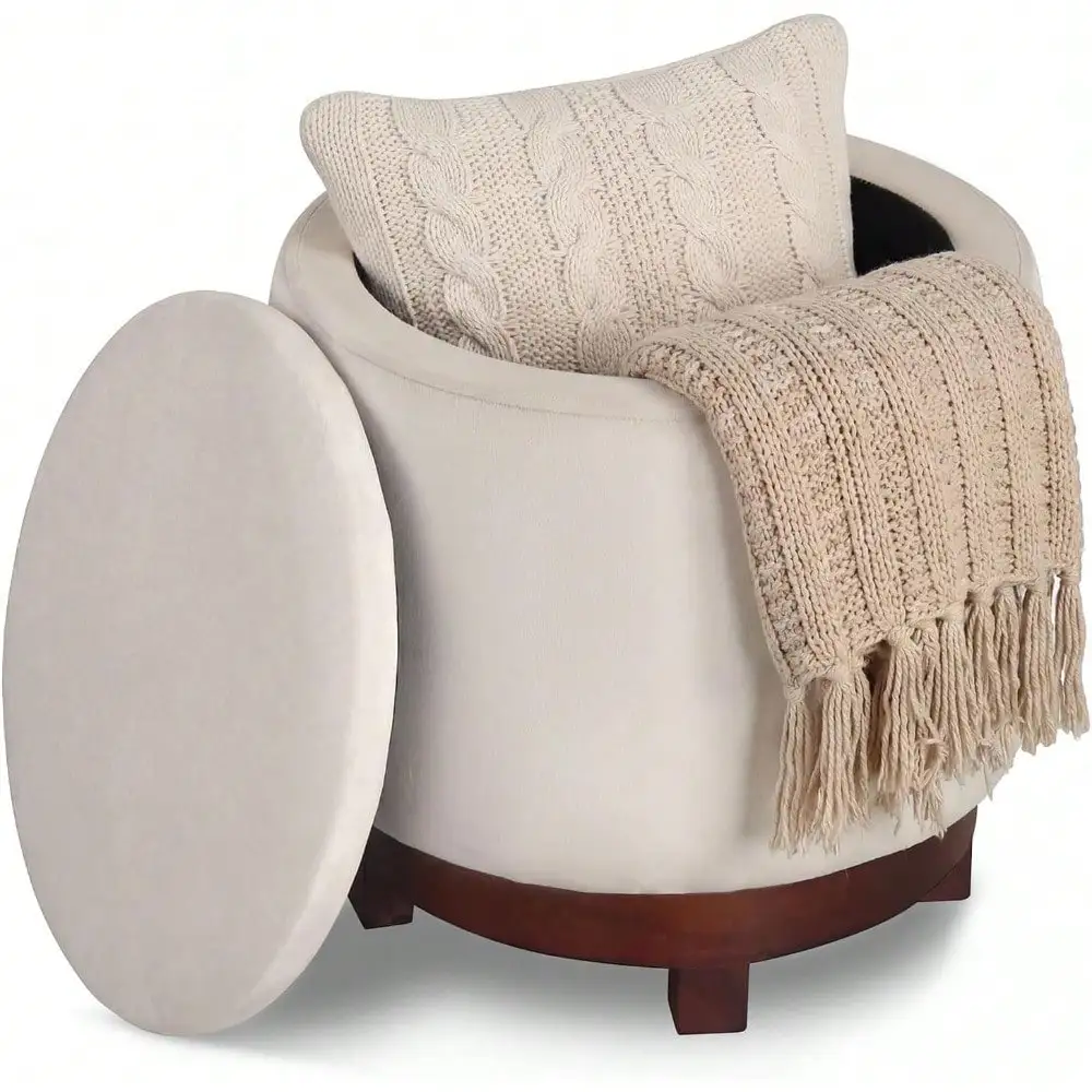 Round Ottoman With Storage, 360 Swivel Velvet Vanity Stool With Removable Lid, Wood Frame & Legs, Ottoman Foot Rest For Living Room, Bedroom, Makeup Room No Assembly (White & Walnut)