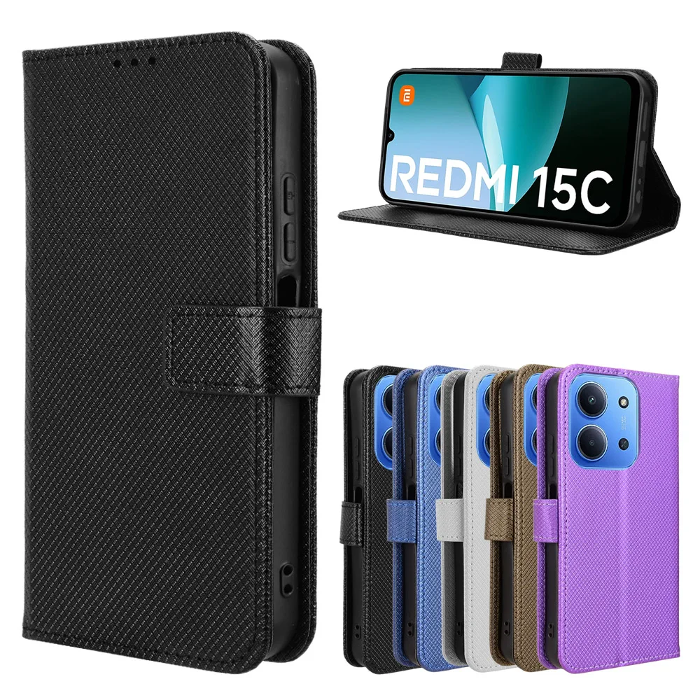 

Aurora For Redmi 15C 4G Flip Case Grains Diamond Texture Leather Magnetic Holder Wallet Back Cover For Redmi 15C 4G Shell