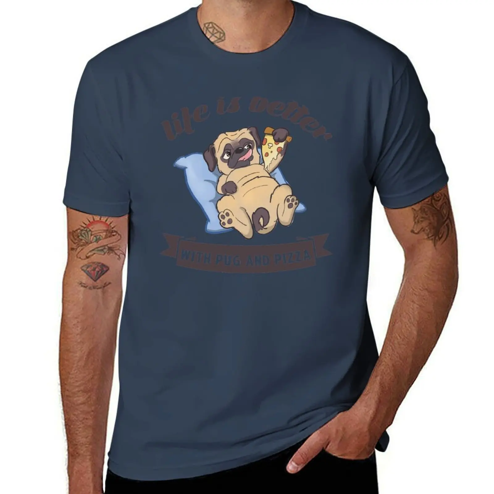 Pug and pizza T-Shirt Casual Fashion Short Sleeve Cotton T-Shirt