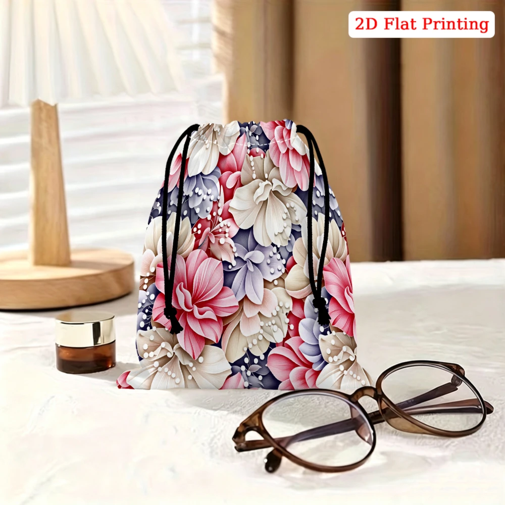 1Pc Floral Print Drawstring Bag Pink Blue Flower Pattern Storage Small Pouch Travel Cosmetic Organizer For Women Portable Gift
