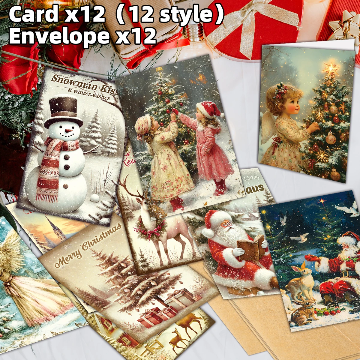 12 Stück Vintage-Weihnachtsgrußkarten, exquisite Illustrationen des Weihnachtsmanns, Weihnachtswünsche für Familie, Freunde, Home-Party-Karte – Detail 1