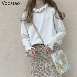 Kawaii Girl Chic Ruffles Collar Lolita Sweater Women Japanese Sweet Cute Knitted Pullovers Solid All-Match Knitwear Tops Jumper