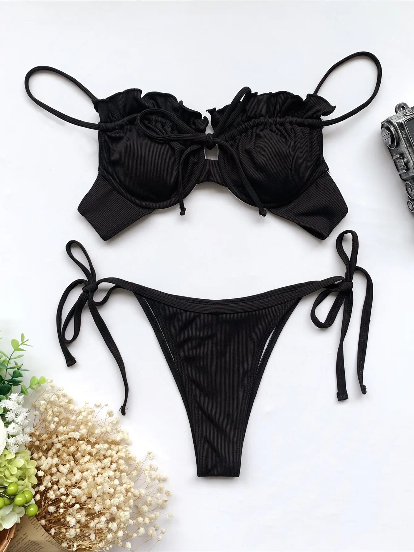 Summer Beach Sexy Black Bikini Women Solid color 2 Piece Swimsuit Bathing Swimwear Swimming Biquini