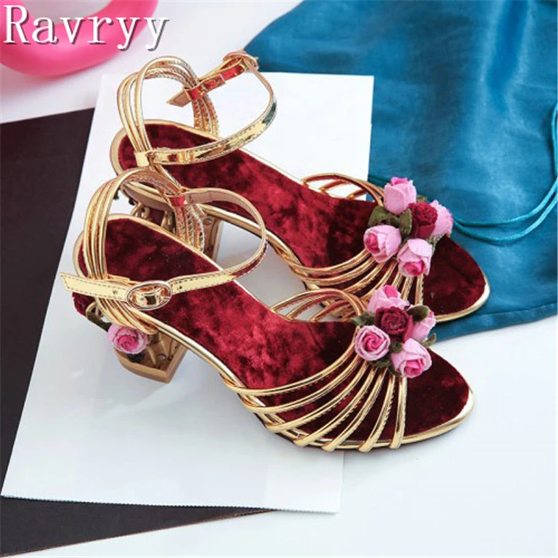 Retro Bird Cage Heels Women Sandals Brand Design Flowers Ankle Straps Peep Toe Summer Shoes Velvet Luxury Party Wedding Shoes