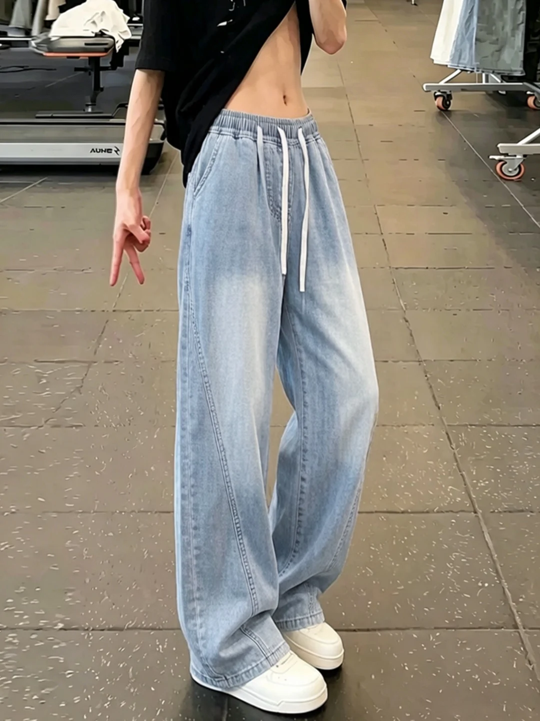 

Light Blue Men's Rigid Jeans Summer Thin American Style Slanted Cut Knife Ice Silk Straight Leg Denim Pants