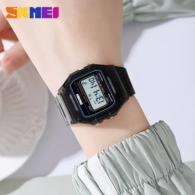 SKMEI-reloj de pulsera con correa transparente de TPU para mujer, cronómetro Digital con pantalla de luz trasera a prueba de golpes, 2056