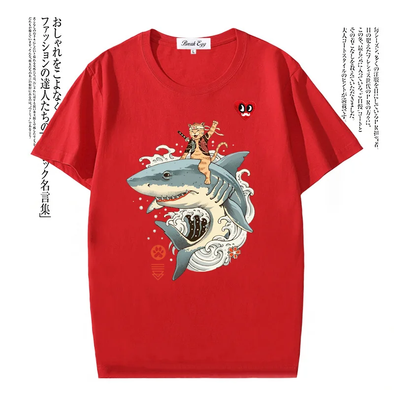 

Funny Cat Harajuku Anime Printing Women T-shirt Red Eyes Beard Heart Embroidery Cotton O-neck Short-sleeved Straight Summer Tee