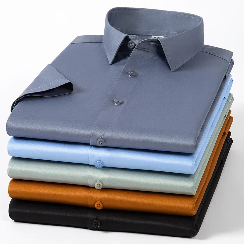 Fashion summer thin solid color short sleeve shirts for man slim fit formal plain shirt soft anti-wrinkle office white clothes