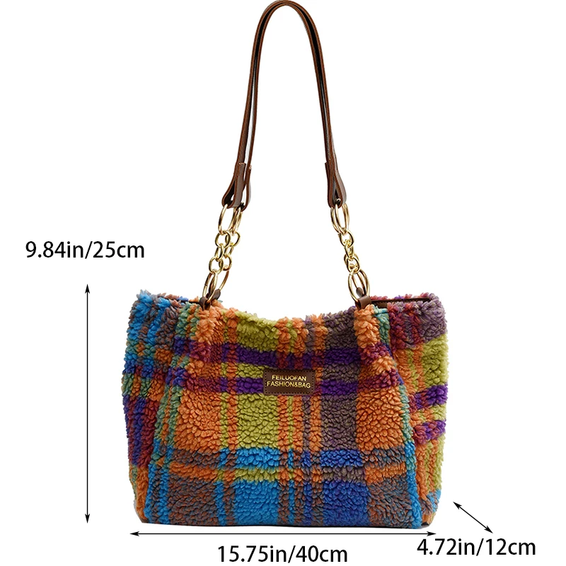 Women\'s Shoulder Bag Plaid Pattern Sherpa Large Capacity Tote Bag Shopping Chroma Handbag