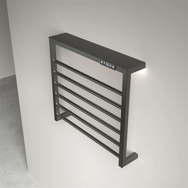 

New Design Digital Display Thermostat Heated Towel Rail Wall Mount Black Bathroom Towel Rack Shelf