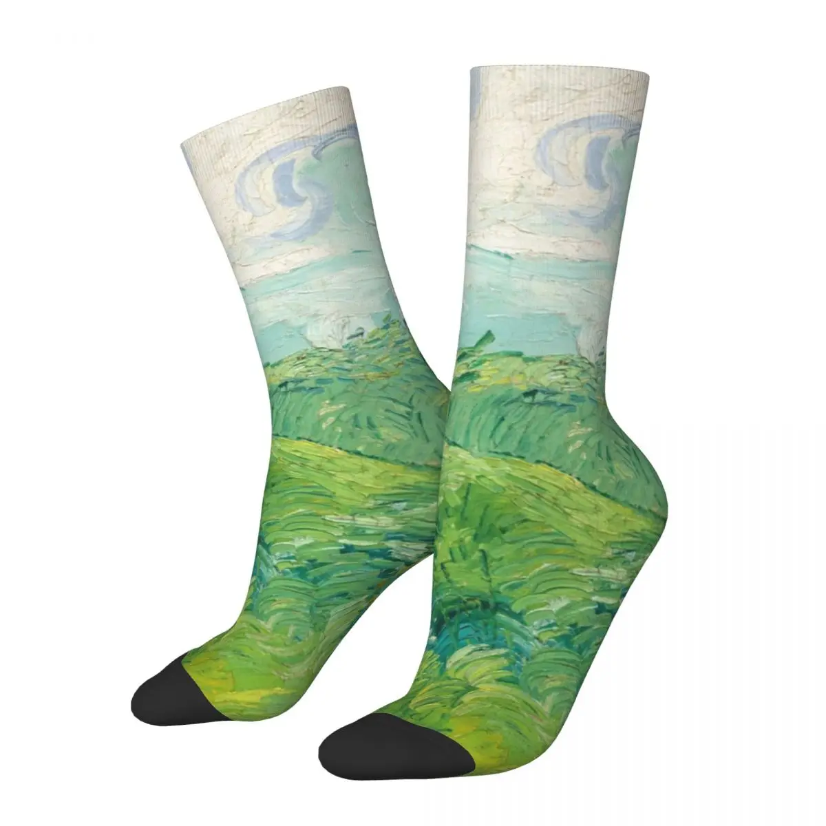 Green Wheat Fields Socks Vincent Van Gogh Funny Stockings Autumn Non Skid Men Socks High Quality Pattern Running Socks