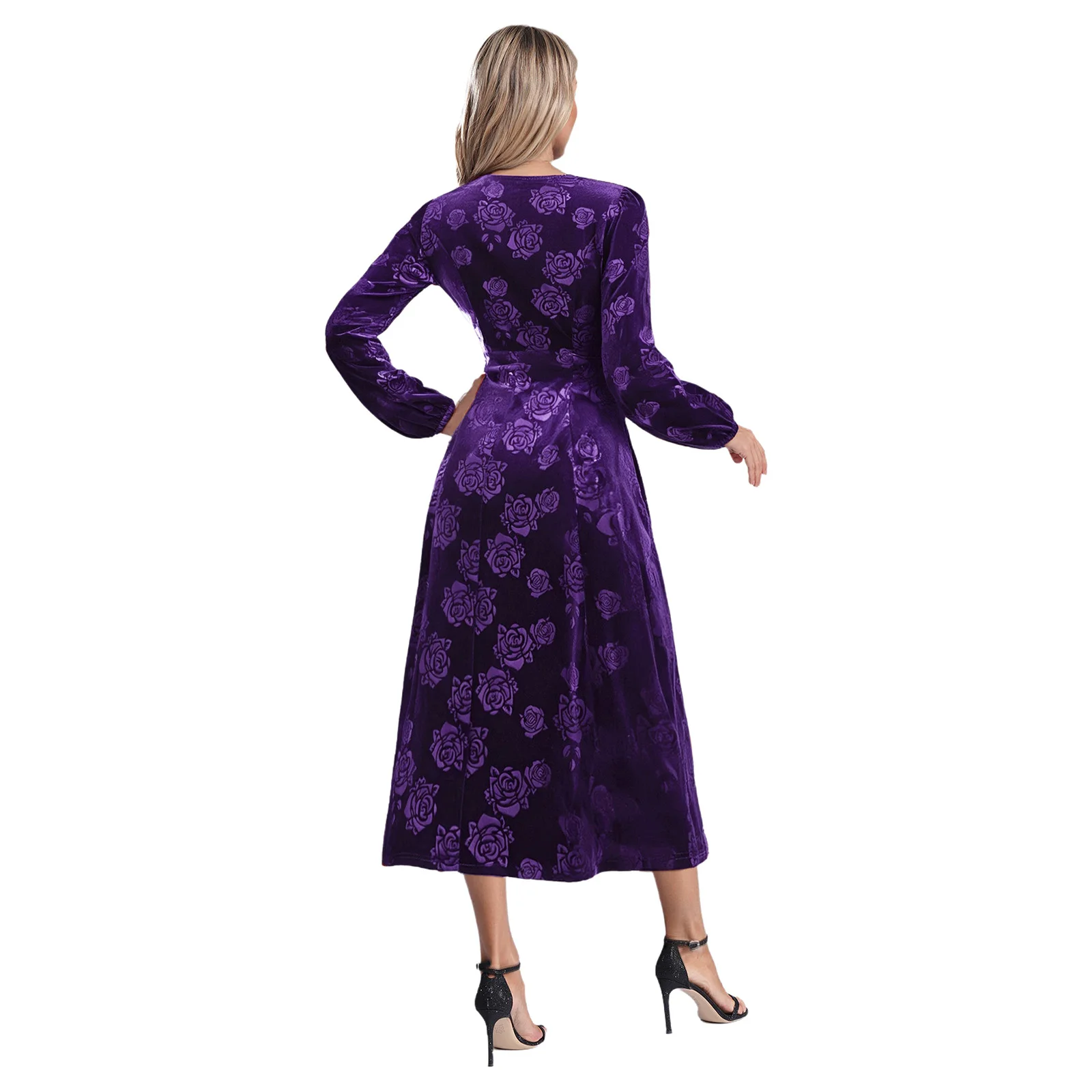 Womens Vintage jaren 1920 Flapper fluwelen jurk Rose Jacquard V-hals lange mouw A-lijn midi-lengte jurk voor cocktails bruiloften feest