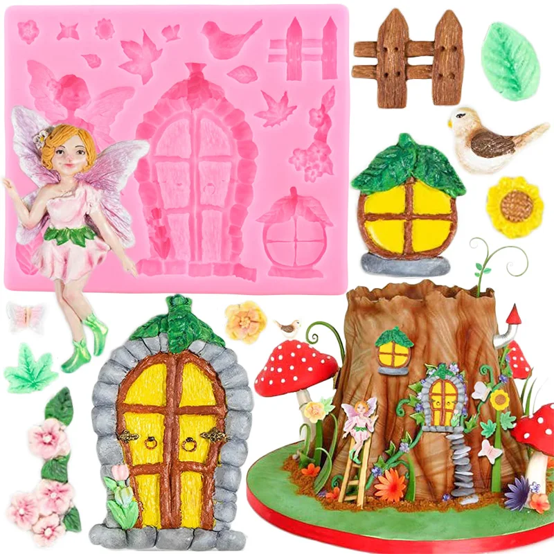 Fairy Garden Home Door Window Silicone Molds Fairy Flower Leaf Fondant Cake Decorating Tools DIY Cupcake Candy Chocolate Mould