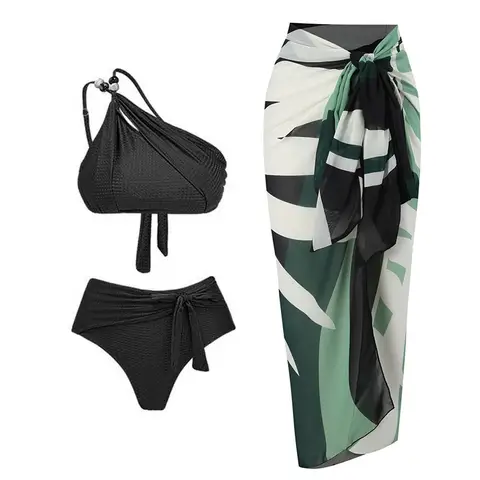 Womens One Shoulder High Waist Bikini Set with Leaf Print Sarong Wrap Skirt Beachwear Summer Swimwear Women Three Piece Swimsuit