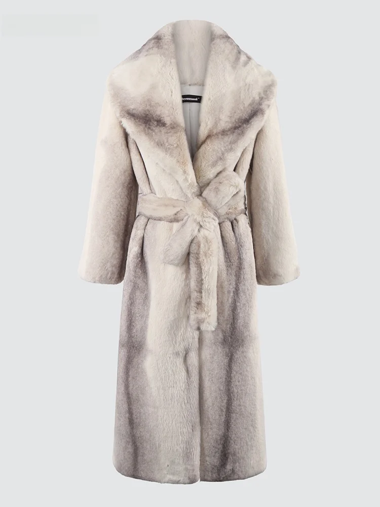 Nerazzurri Vintage Long Fur Coat Women's Gradient Color Large Collar Belted Fake Fur Coat Standard Fit Winter Outerwear