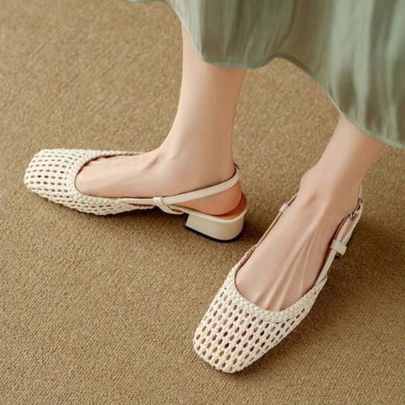 French Square-Toed Woven High-Heeled Sandals, 2025 Summer New Skeletonized Fashionable Leather Fabric Mid-Heel Women's Shoes