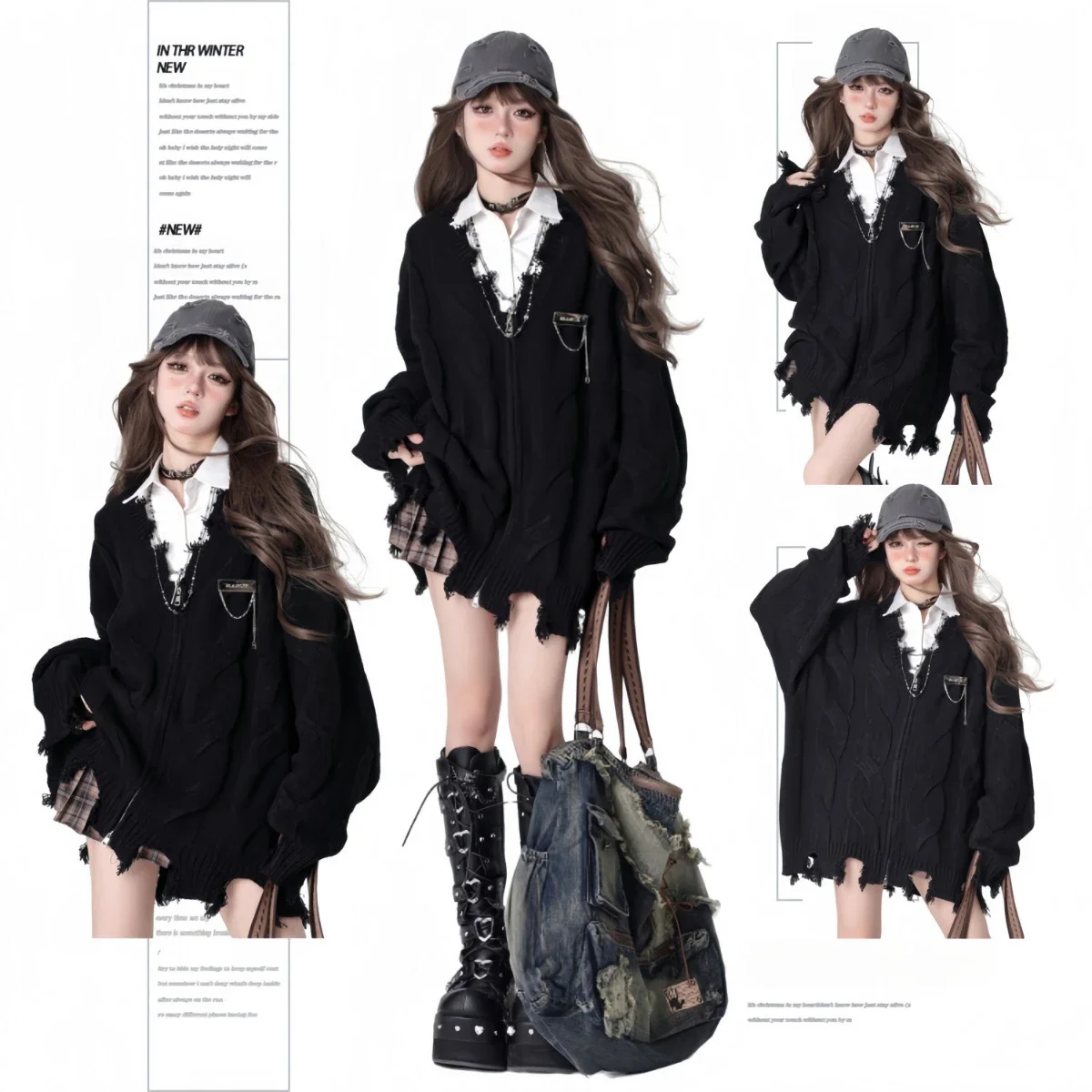 Autumn Winter Jacket Zipper Knitted Cardigan Black Harajuku Gothic Coat Y2k Tops Long Sleeve Outerwear Streetwear Gothic Clothes