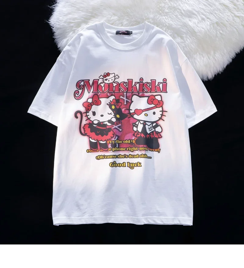 Sanrio Hello Kitty Heavy T-shirt Summer American Niche High Street Cartoon Short Sleeve Y2k Loose Casual Couples Girls Boys Gift