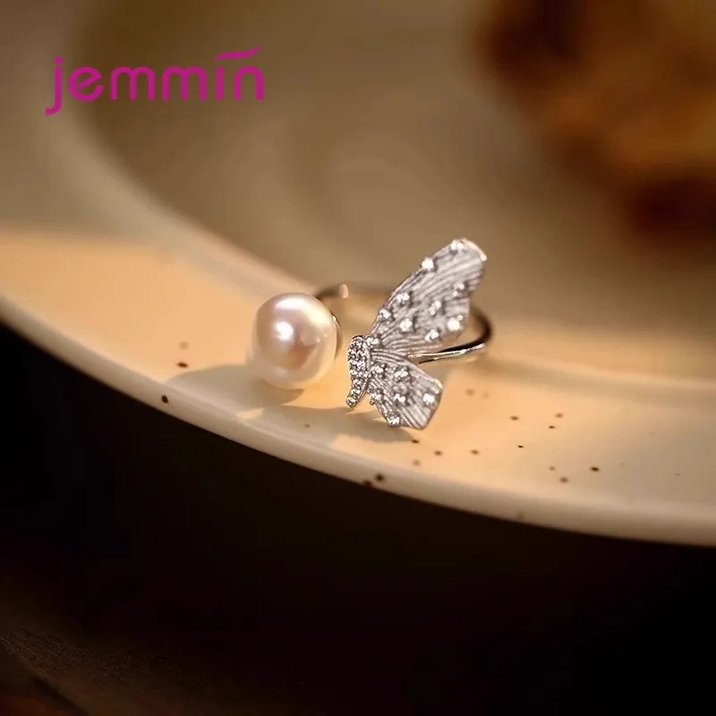 Elegant 925 Sterling Silver Butterfly Pearl Open Adjustable Rings for Women Girls Engagement Party Trendy Jewelry Gift Accessory