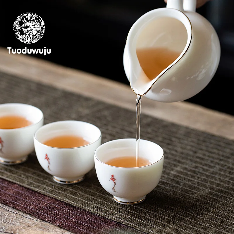 Lamb fat jade porcelain koi tea cup tea cup for personal high-end gold drawing master cup single ceramic tea cup tea bowl