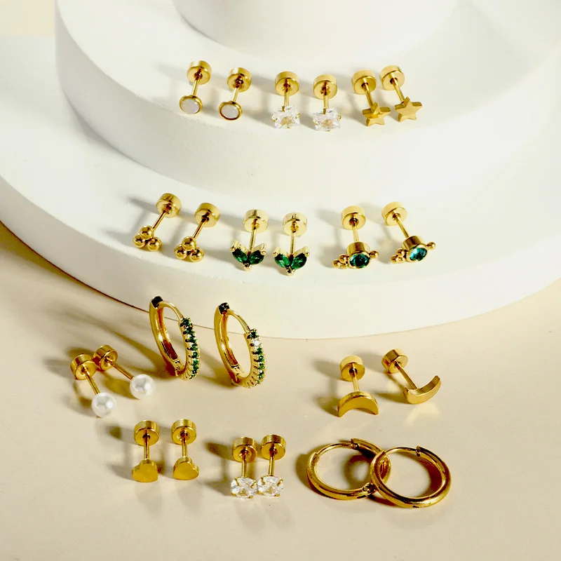 12 Pairs Wholesale 316L Stainless Steel Gold Tone Multi-style Stud & Hoop Earrings Set, Hypoallergenic Mixed Design Ear Jewelry